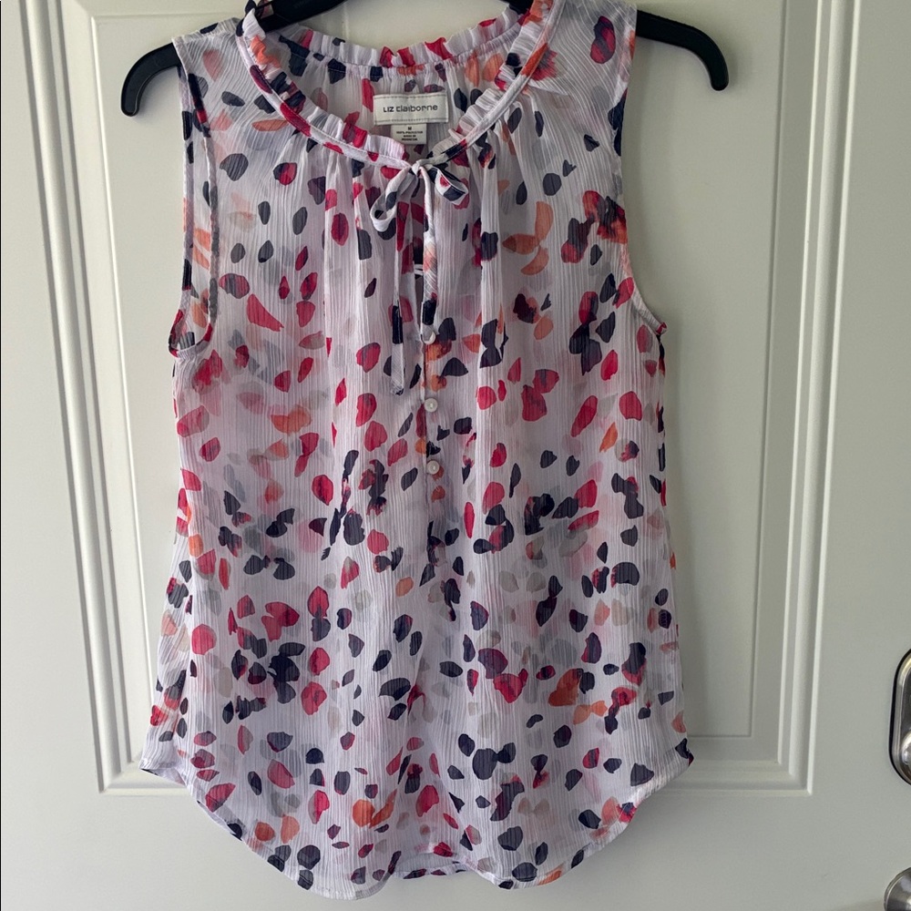 Liz Claiborne White Sleeveless Tie-Neck Floral Print Top